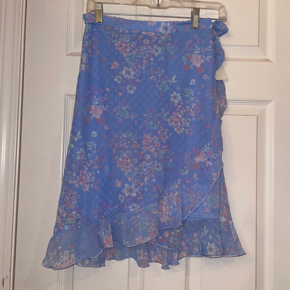 Zunie Girls Blue Floral Swiss Dot Wrap Skirt Ruffle Hem Size‎ 12 NWT